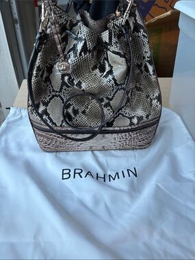 Brahmin Python-Print Bucket Hobo in Cream, Black and Brown
